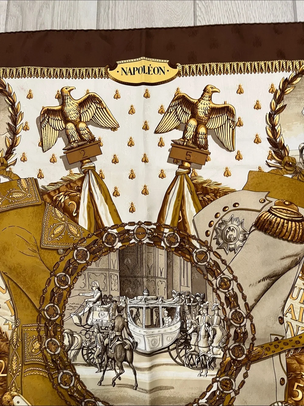 Hermes Brown and Gold Napoléon Silk Scarf